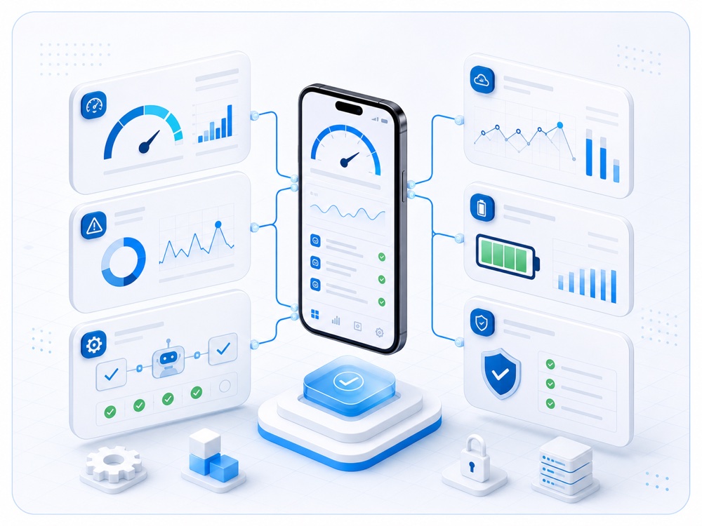 Mobile app performance testing dashboard with crash monitoring, API latency, battery and security checks